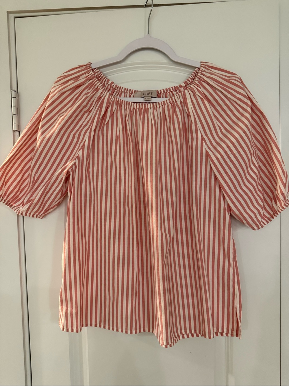 LOFT Pink and white Striped Elastic Neck Off the Shoulder Peasant Blouse.